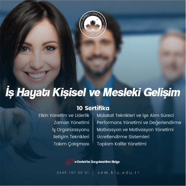 İş Hayatı Kişisel ve Mesleki Gelişim Sertifikalı Eğitim Programı mesleki gelişimi destekleyici, işletmelere ve kişileri destekleyici olması için hazırlanmıştır. Ülkemiz ve kurumlarımıza katkı sağlayacağı düşünülerek oluşturulmuştur.