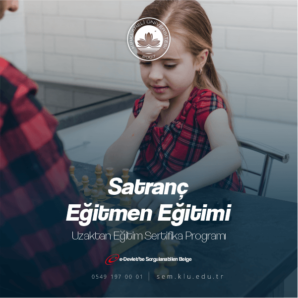 Satranç Sertifikalı Eğitim Programı ile ek ders alabilir,sınıf açabilirsiniz. Belgelerimiz kamu ve özel sektörde geçerli olmakla birlikte ömür boyu geçerliliği bulunmaktadır.